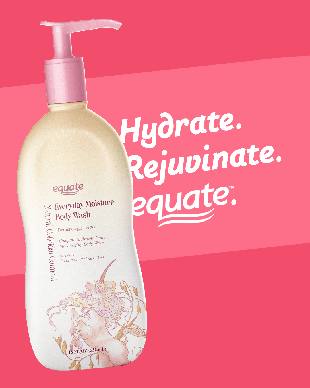 tall shampoo bottle featuring soft pastels and a unicorn illustration in a digital advertisement.
