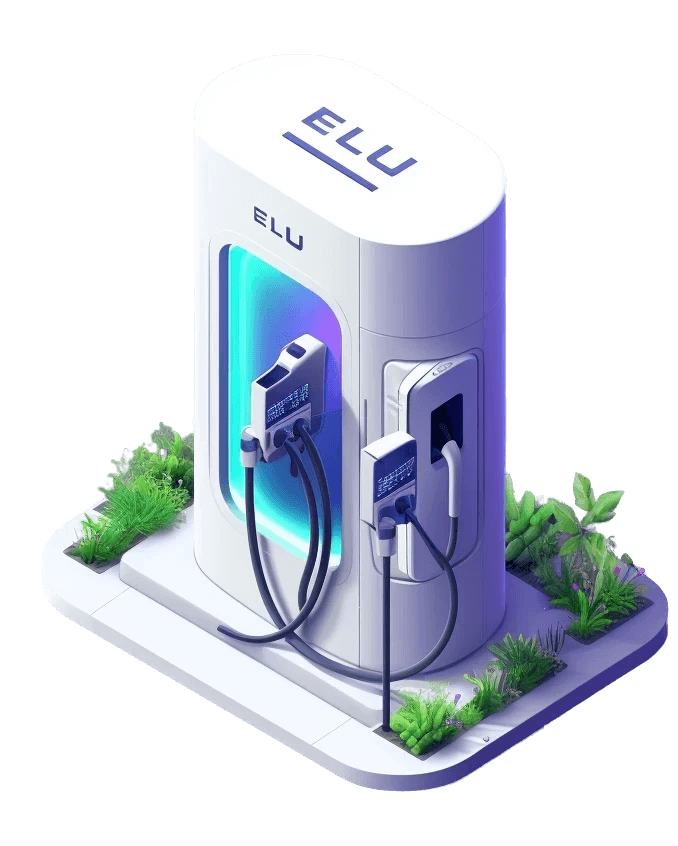 Single electric vehicle charger that says ELU on it in style of white, blue, and purple.