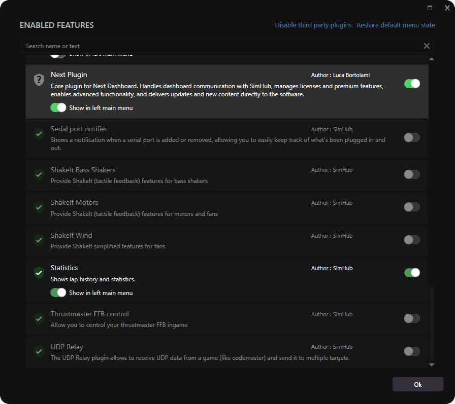 Simhub features settings
