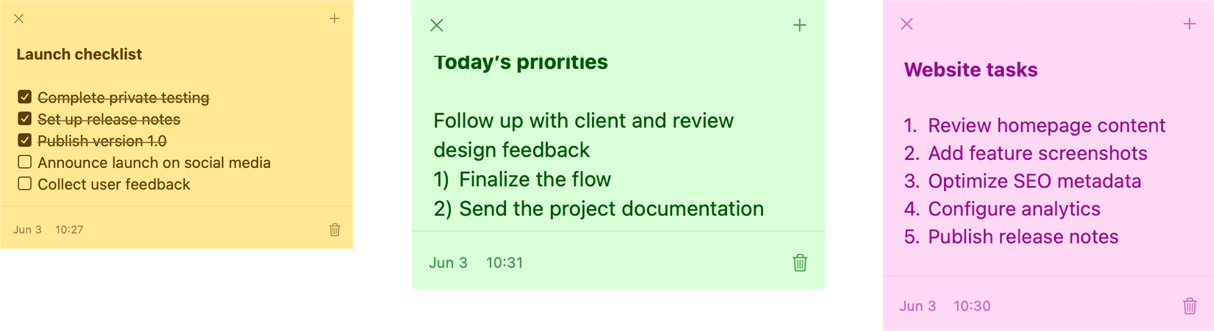 CueNow sticky notes with multiple checklist types