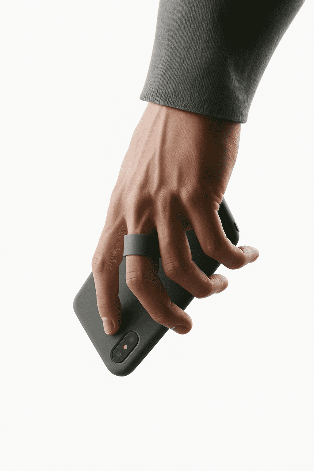 Close-up of a hand holding a smartphone with a matte dark case and a minimalist finger grip accessory