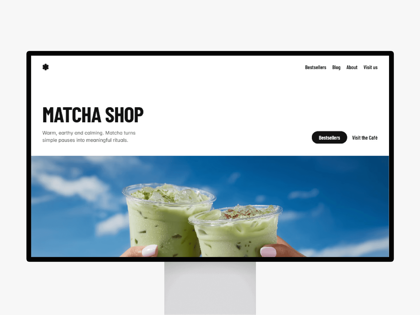 Matcha Shop modern café Framer template thumbnail with colorful takeaway cups hero design on desktop screen