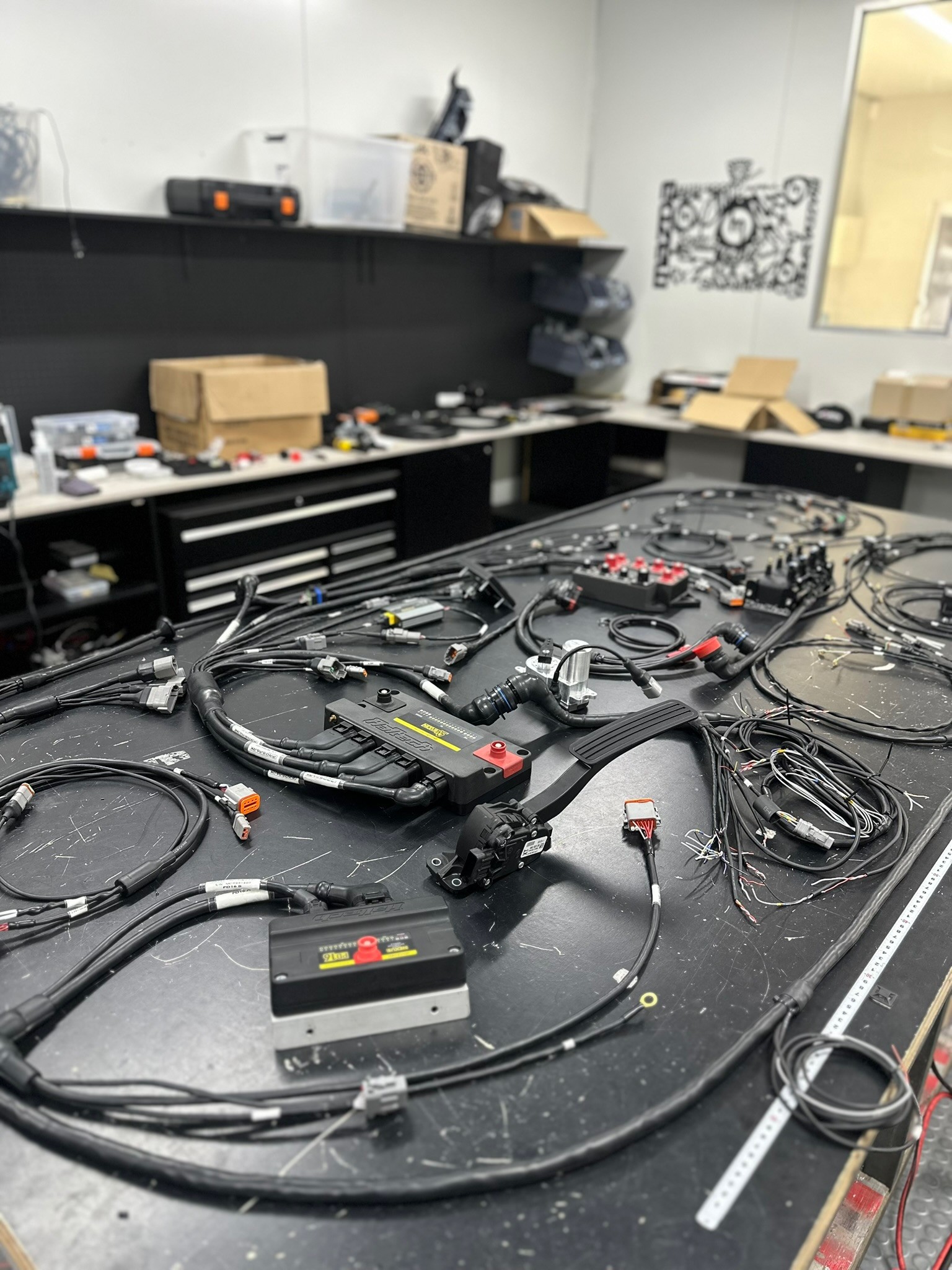 A meticulously organized custom vehicle wiring harness with clean routing, heat-shrink protection, and professional mounting points, highlighting premium, high-reliability automotive electrical wire-up services.