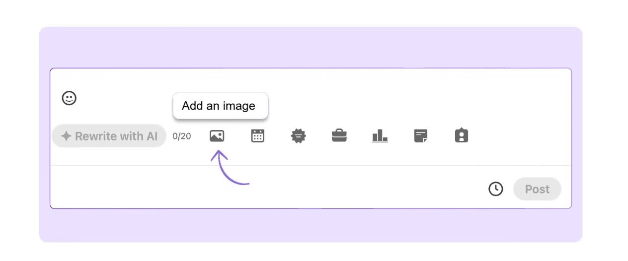 A screenshot highlighting LinkedIn's photo attachment feature, with a blurb above prompting the user to add an image