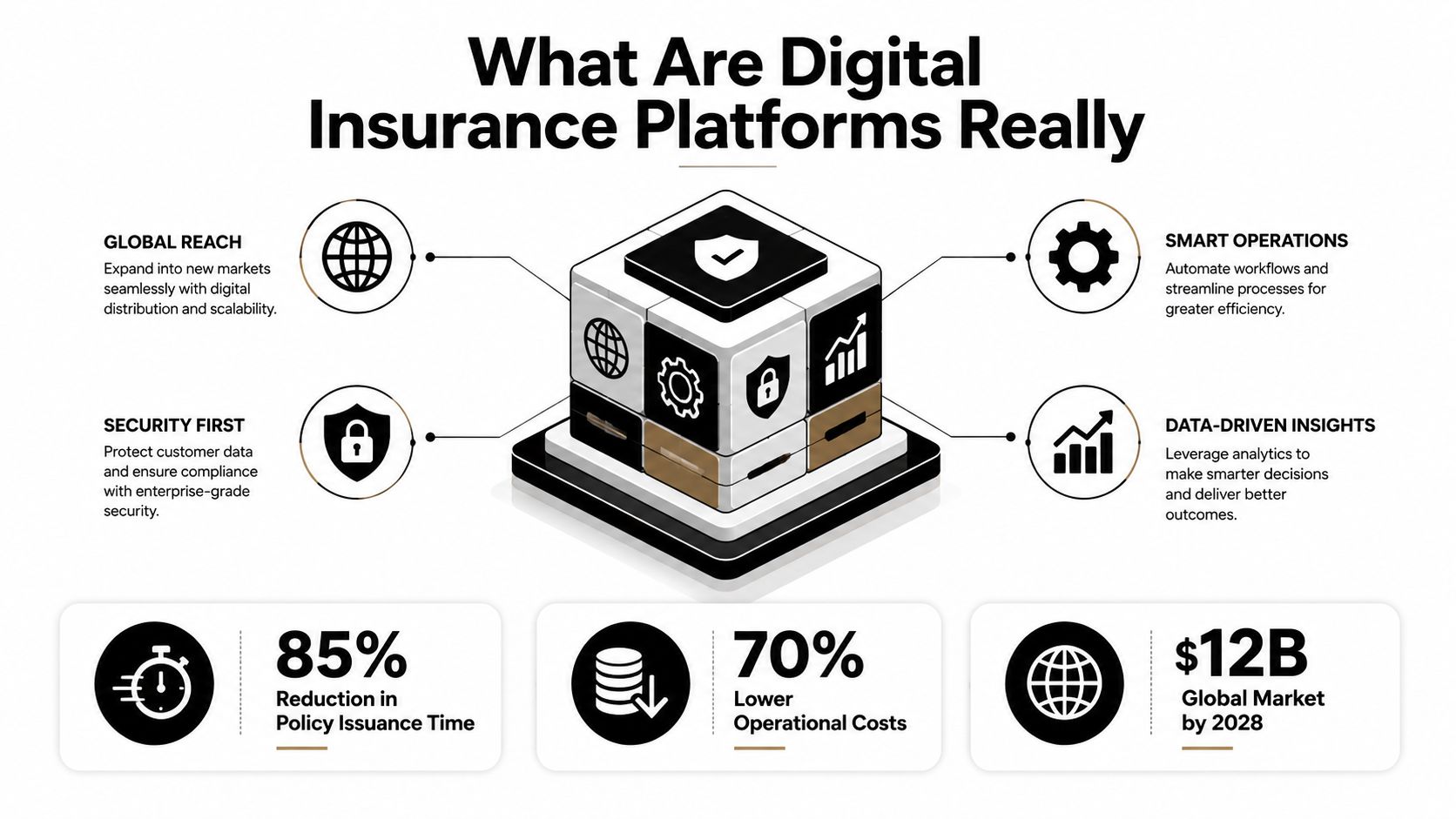 An infographic illustrating the core benefits and market growth statistics of digital insurance platforms.