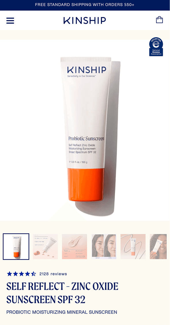 Mobile product detail page for Kinship Self Reflect sunscreen with image gallery and purchase options