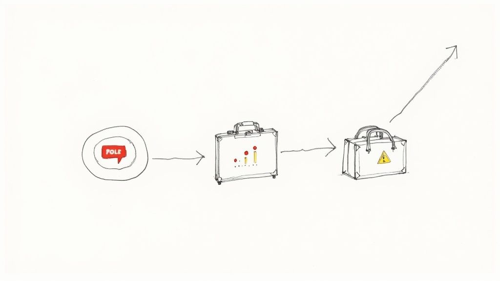 Illustration of data analysis process: 'POLE' input, data visualization briefcase, then an action bag with an upward arrow.
