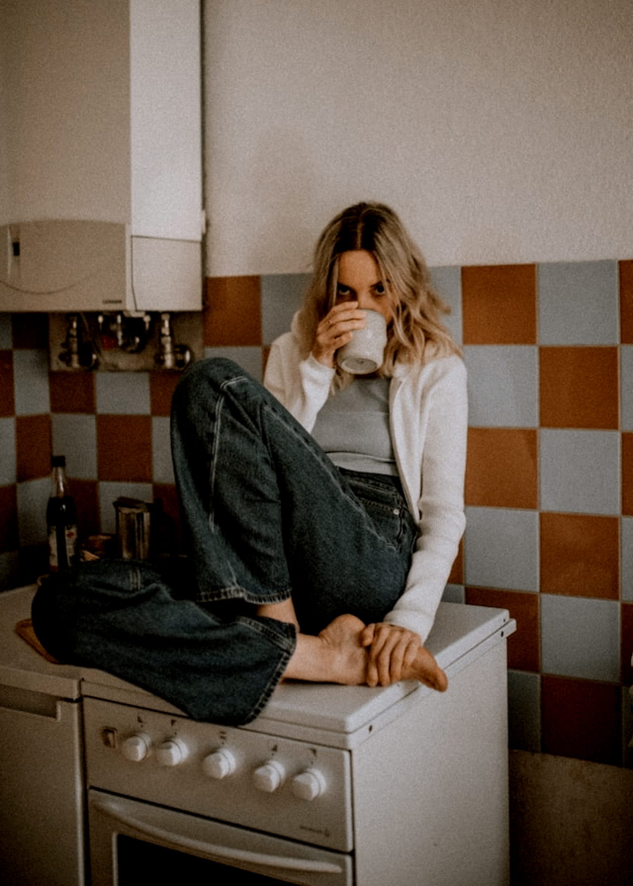 Evelyn drinking coffee