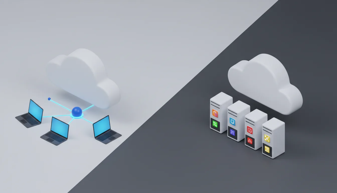 A 3D isometric tech illustration depicting a side-by-side comparison, rendered in a clean, corporate style. The scene is split into two halves: a light grey side and a dark grey side. On the left, a visualization of VDI architecture: a large matte white 3D cloud icon, with several stylized laptops in front, interconnected by thin blue network lines to a central point. On the right, a visualization of VM hosting: the same matte white 3D cloud icon, with an array of small, rectangular server towers in front, each tower displaying a unique and colorful abstract application icon. The entire image uses matte plastic materials, soft global illumination, and subtle floating shadows.