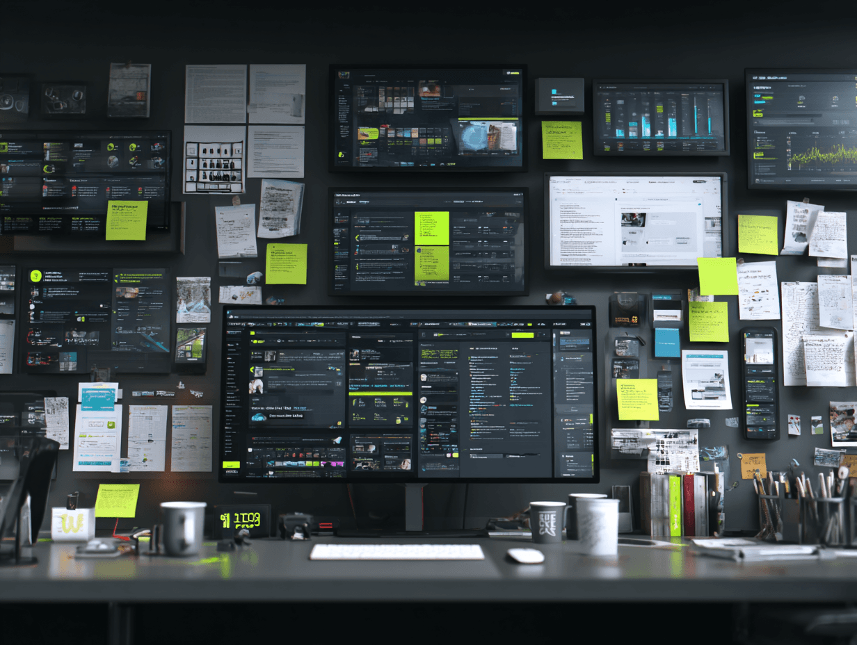 an image showing lots of sticky notes, coffee mugs, and lots of task