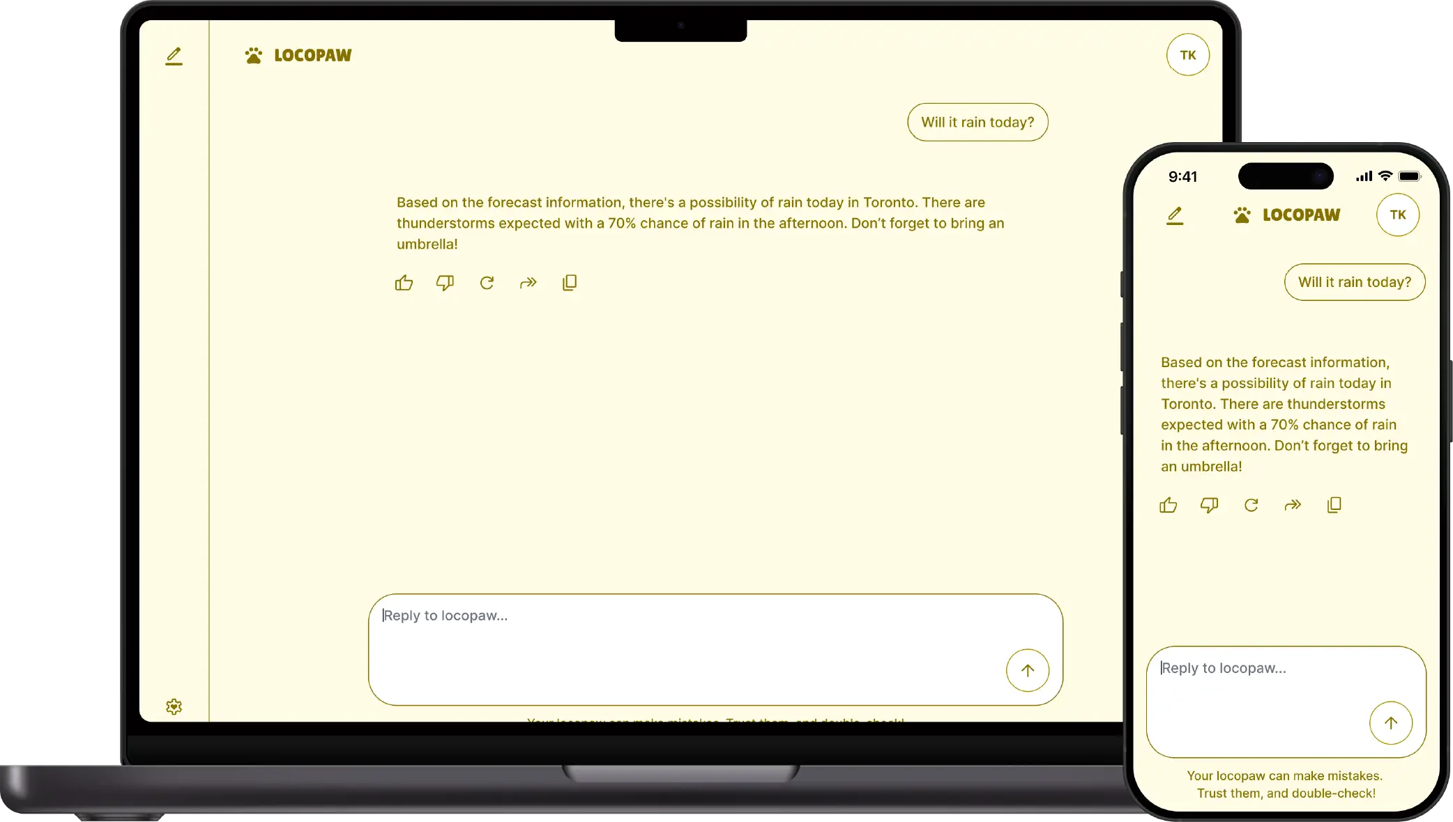 Locopaw chat page in Sunny theme with forecast example.