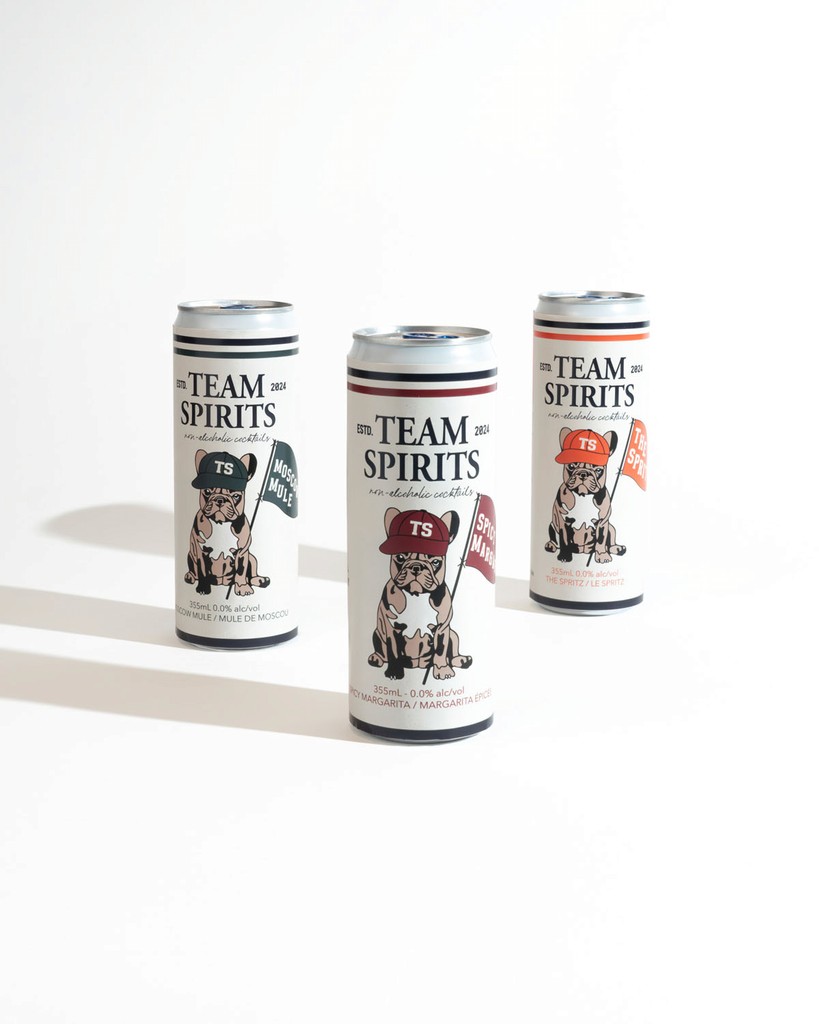 Product shot of ‘Team Spirits’ canned beverages captured at Node Studio, featuring a clean, minimalist white background that highlights the unique branding and design of the cans