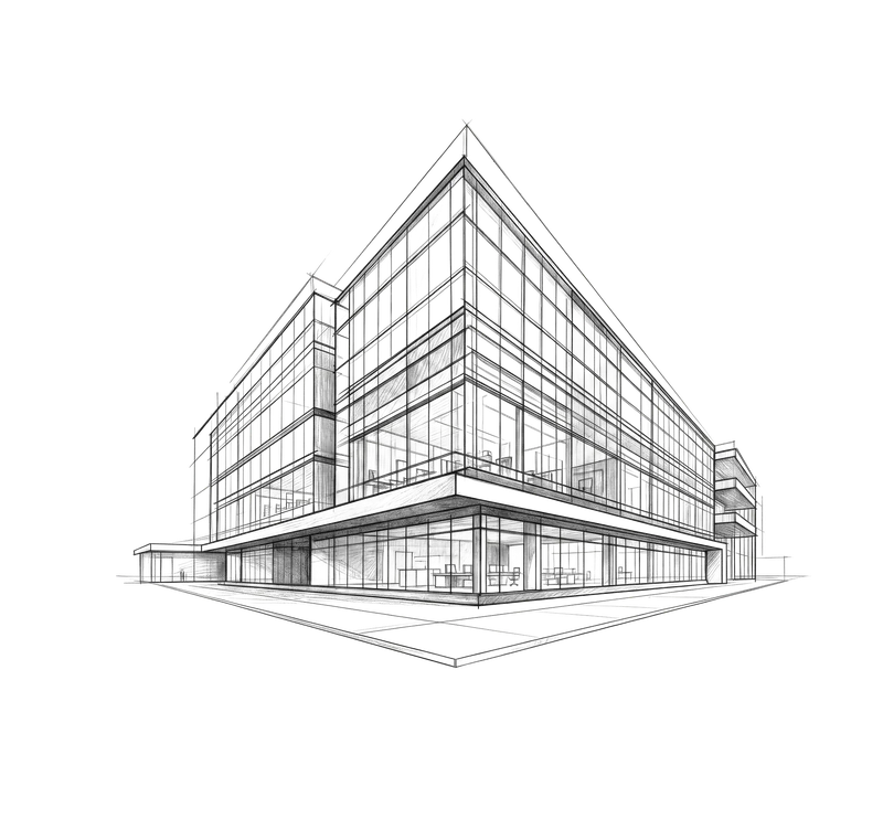 Architectural line drawing of a building