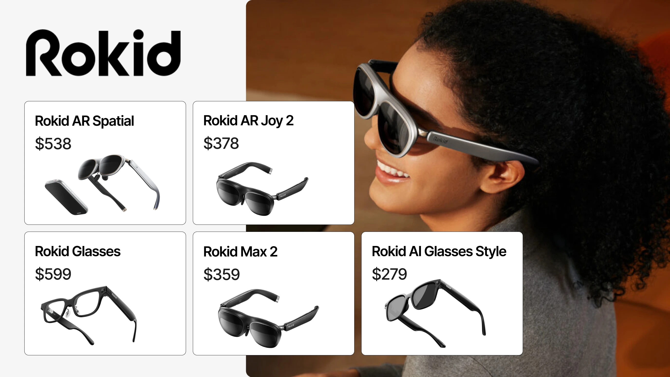 Rokid lineup showing AR Spatial, AR Joy 2, Rokid Glasses, Max 2 and AI Glasses Style beside a wearer.