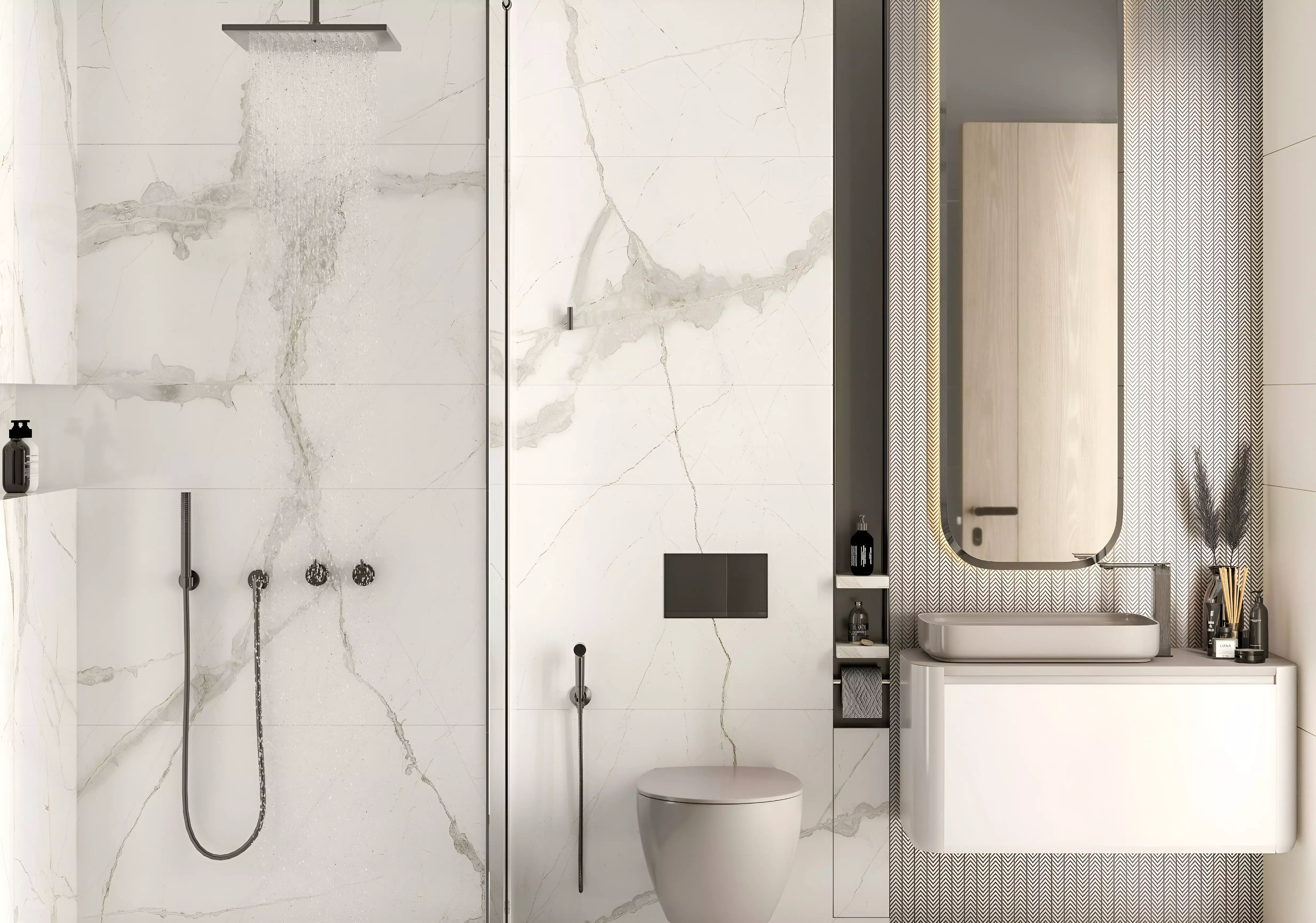 A contemporary bathroom with a spacious and a large artwork, creating a serene atmosphere at Repose Residence.
