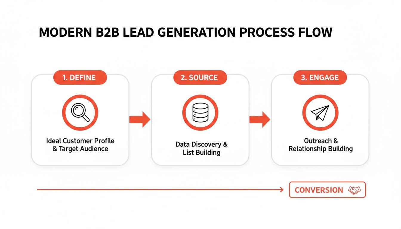Flowchart showing a modern B2B lead generation process: Define, Source, Engage, leading to Conversion.