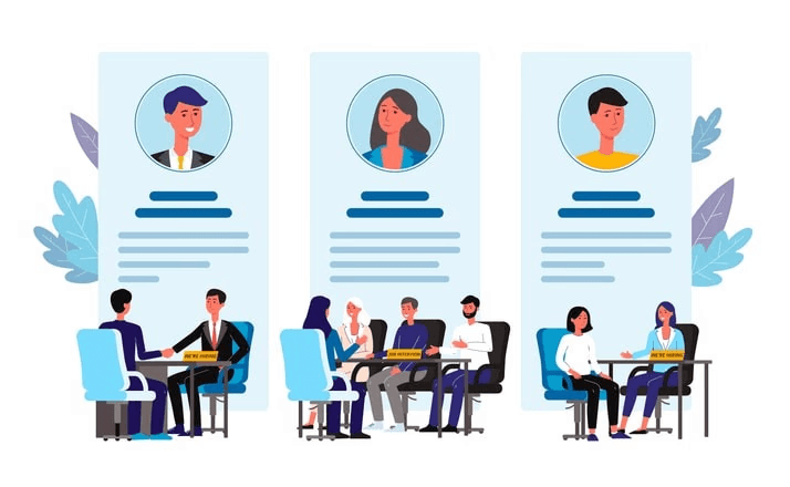 The image depicts a virtual meeting screen featuring multiple candidates engaged in a remote group interview, where they interact with one or more interviewers. The setting highlights the dynamics of a group format, showcasing diverse perspectives and communication styles as candidates respond to common group interview questions.