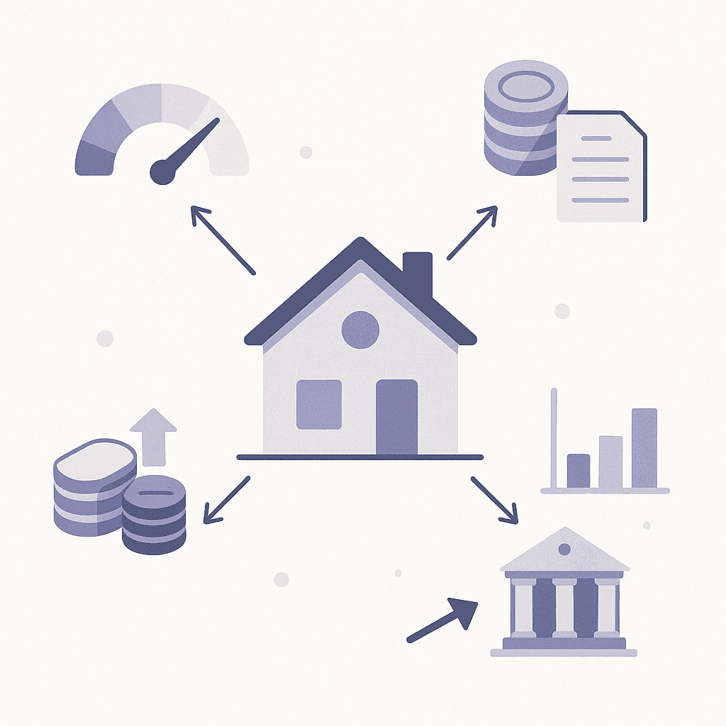 House diagram with icons for credit score, down payment, loan type, loan limit, and Fed policy around it