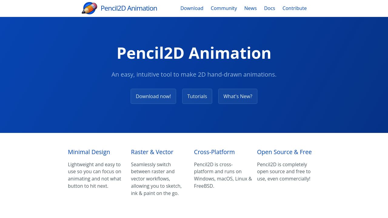 Screenshot of the Pencil2D website presenting free 2D animation software for hand-drawn animations