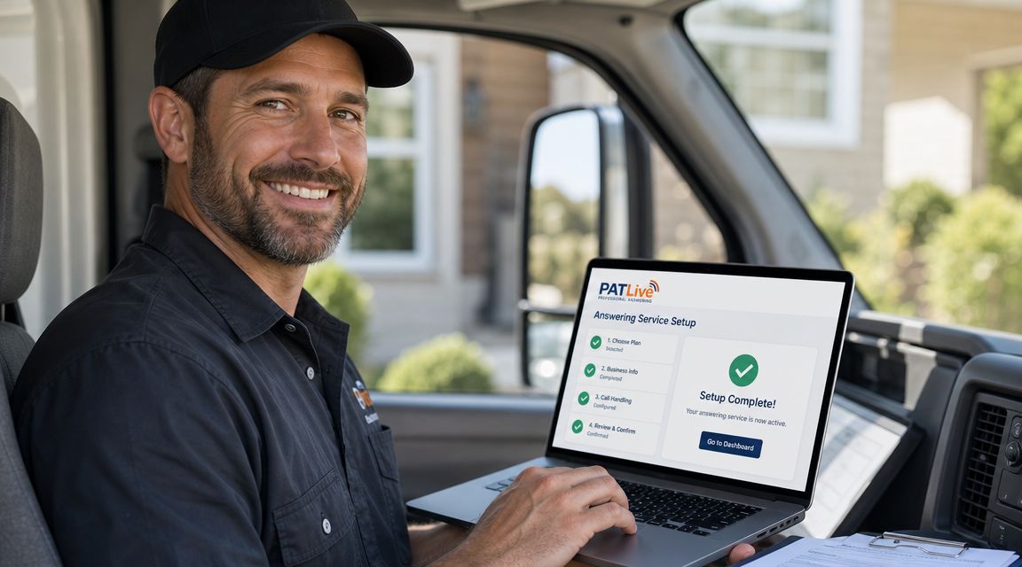 A smiling contractor sits in his work vehicle using a laptop to set up an answering service.