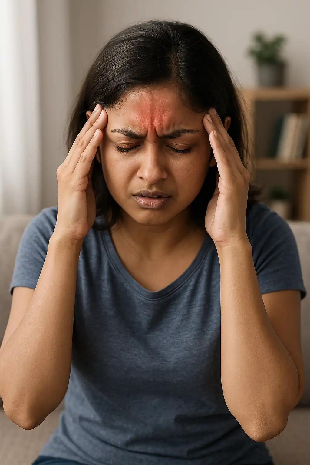 A woman pressing her temples with both hands, eyes closed in discomfort, with redness on her forehead indicating tension headache pain.