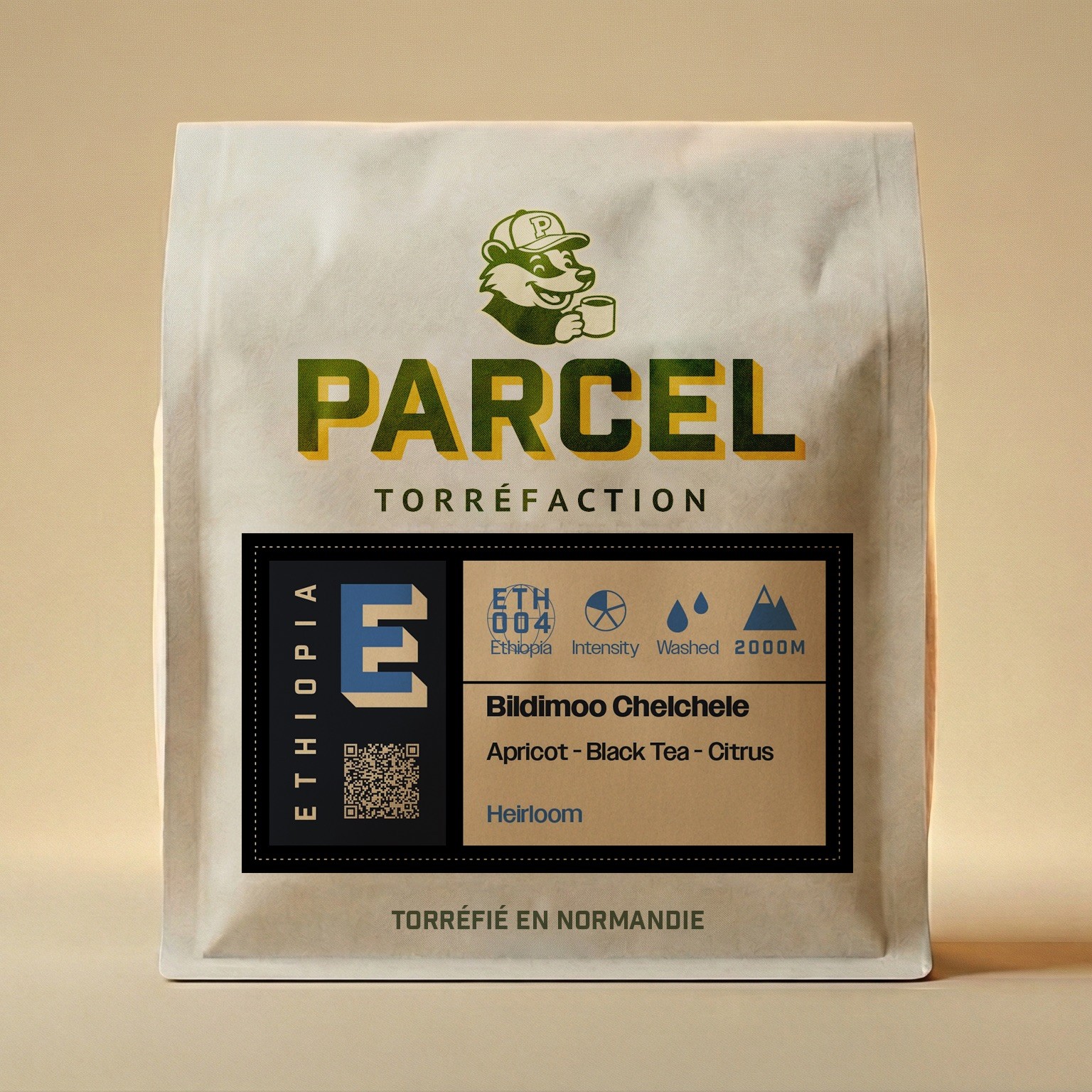 Parcel Torréfaction Ethiopia Blidimoo Chelchele coffee packaging featuring apricot, black tea, and citrus flavors and heirloom bean varietal, with label maintained in strong visible contrast for accessibility.