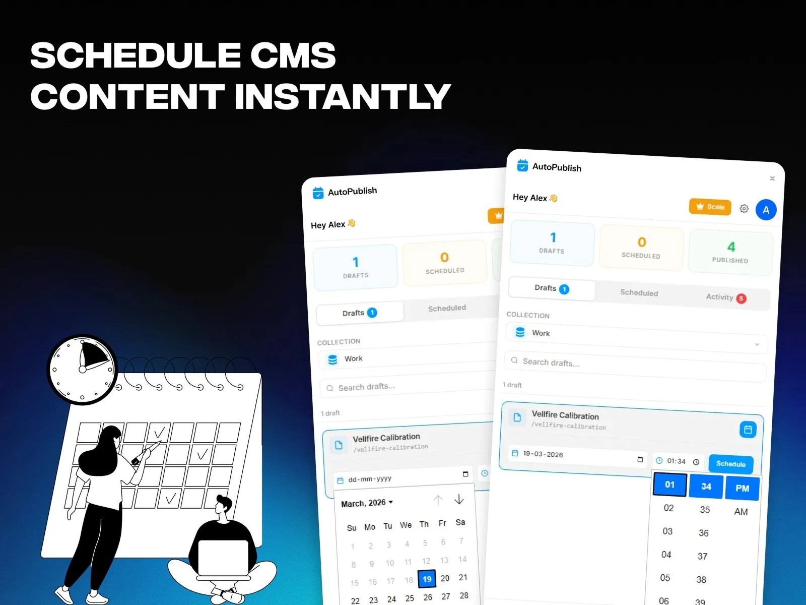 CMS scheduling interface with calendar and content management dashboard.