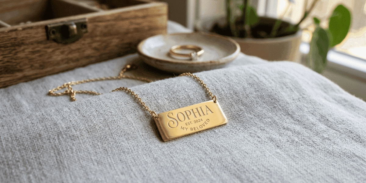 Personalized nameplate necklace on fabric