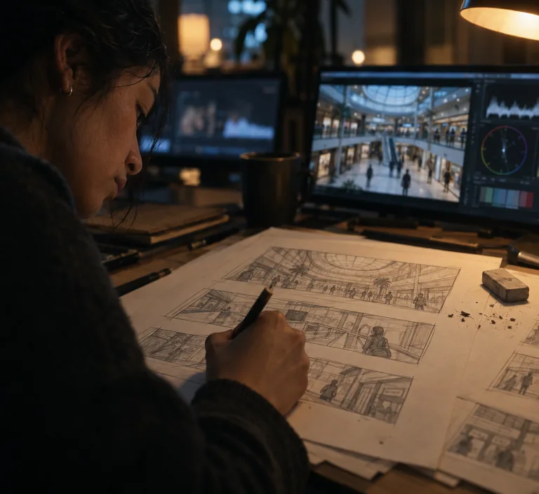 An artist sketching a storyboard in pencil