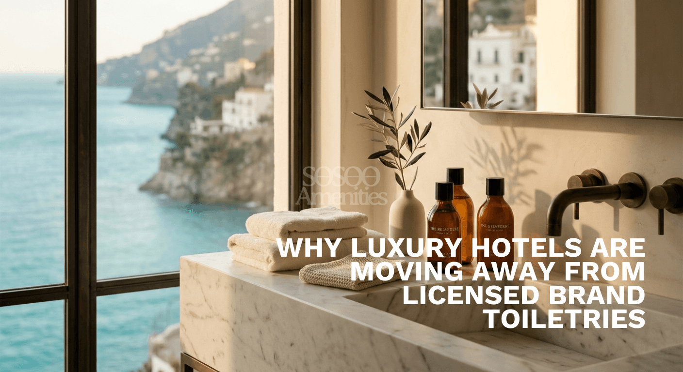 Marble sink with towels, olive branch in a vase, and amber bottles create a serene vibe. Large windows overlook a coastal view with cliffs and sea.