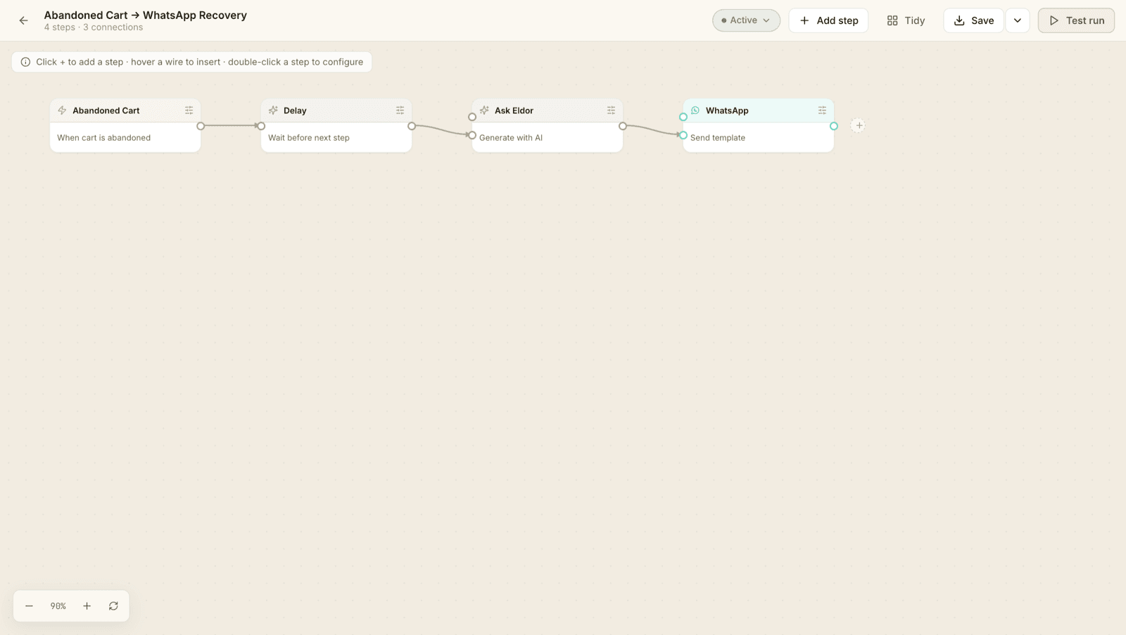 Eldor workflow builder: abandoned cart to WhatsApp recovery, 4 connected steps