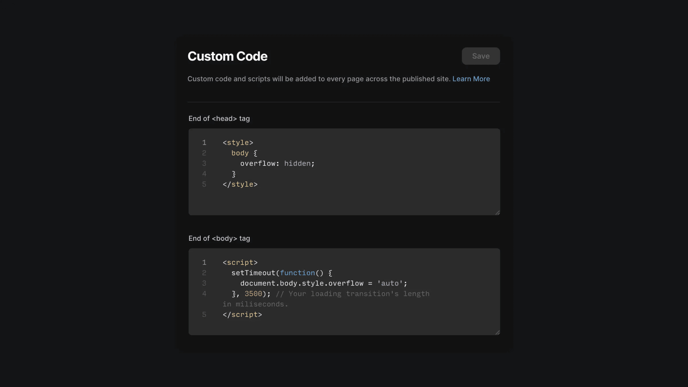 Custom Code interface showing CSS and JavaScript snippets for managing page overflow during loading transition