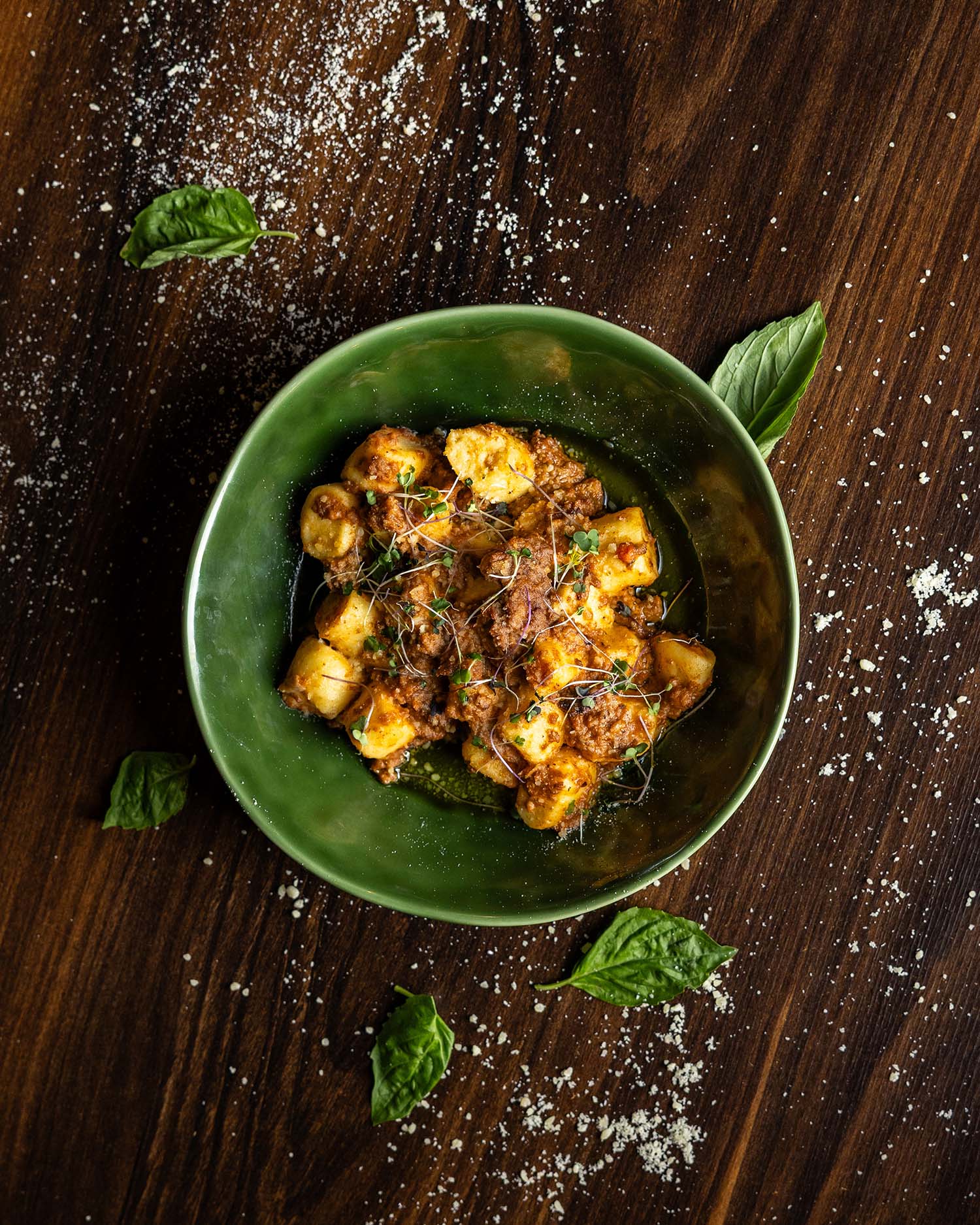 GP Italiano gnocchi in green bowl overhead Italian restaurant food photography La Grange IL