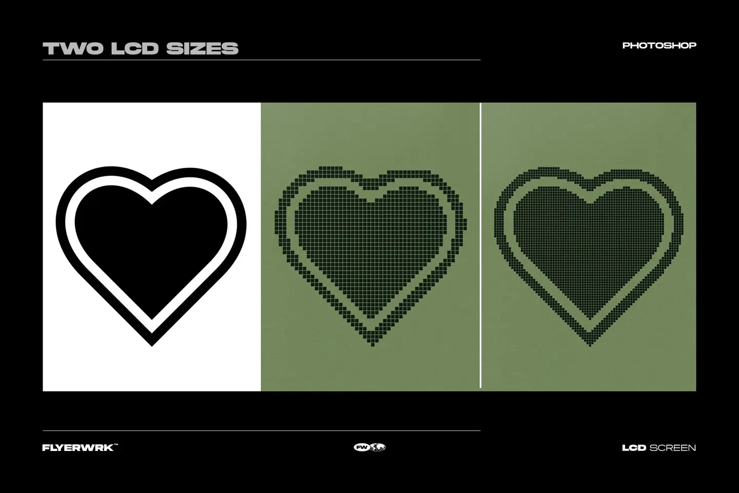 Comparison of two different pixel sizes in the LCD Screen Pixel Grid Mockup applied to a heart icon