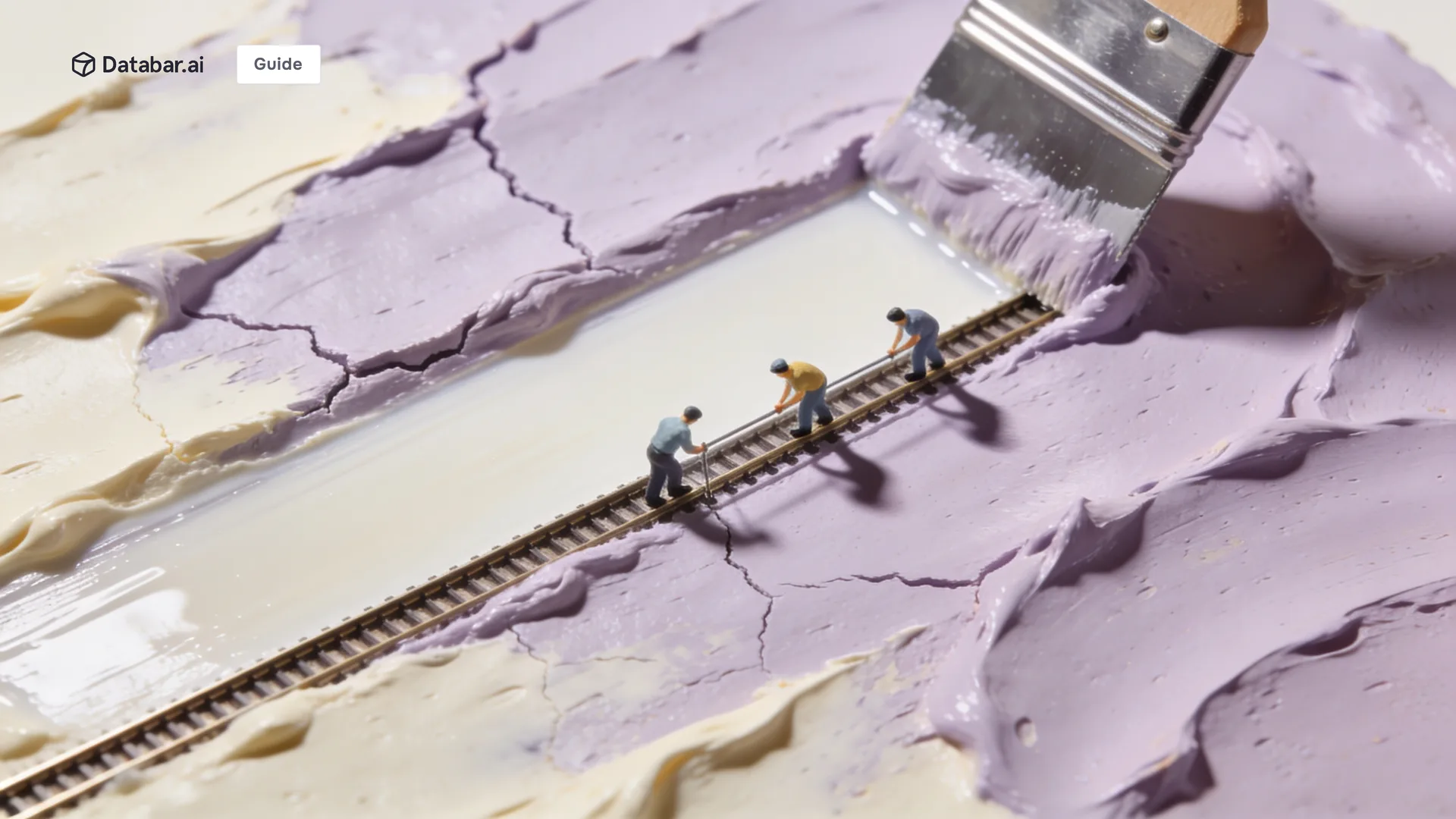 Illustration of tiny figures laying track across cracked buckled ground beside a smooth level section — The Impact of Data Quality on GTM Work (Real Talk)
