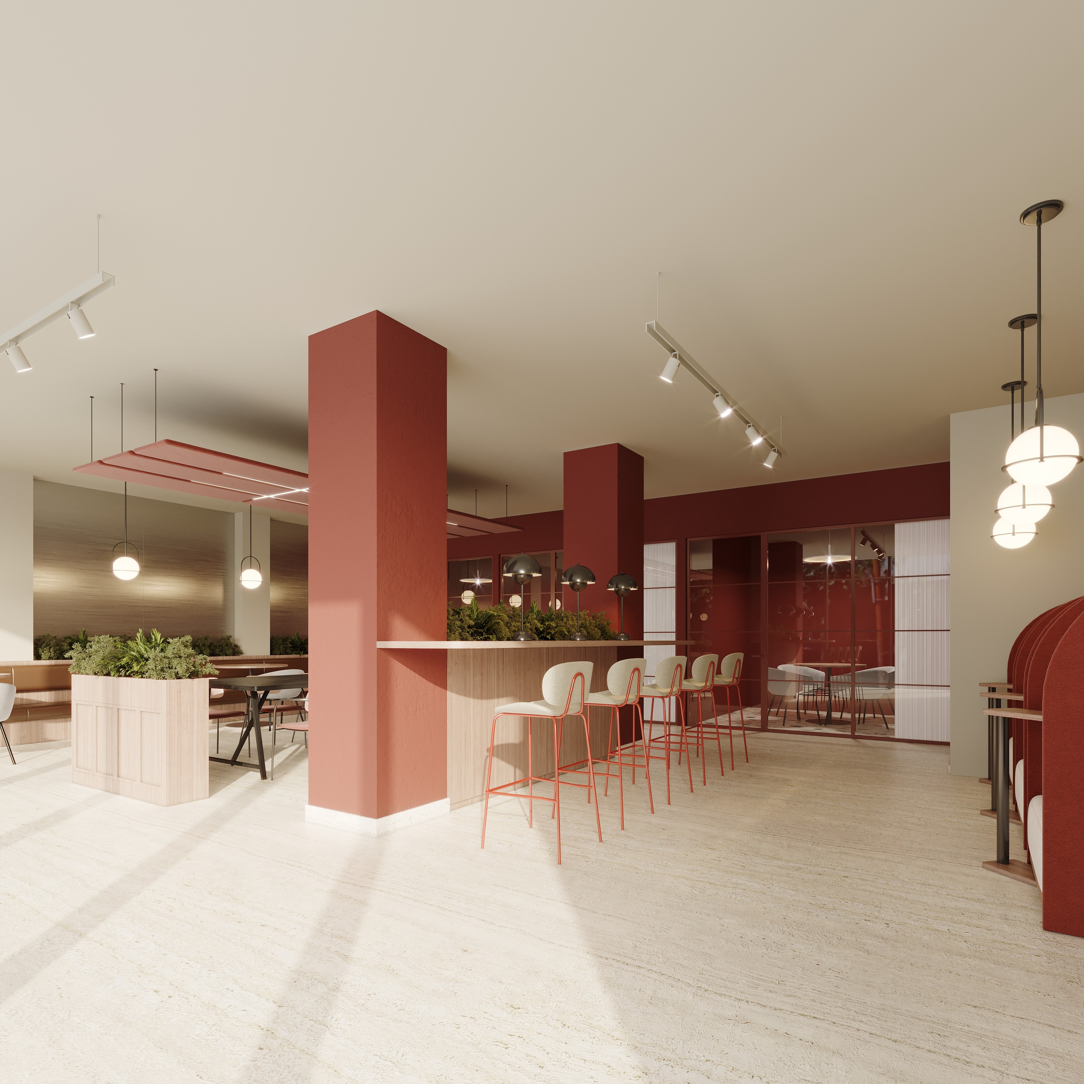 Bespoke joinery bar table and seating areas in PBSA project in Glasgow