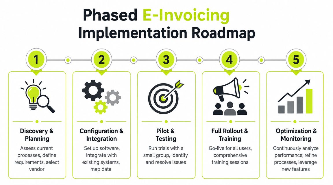 A five-step roadmap infographic for the phased implementation of e-invoicing software in a business environment.