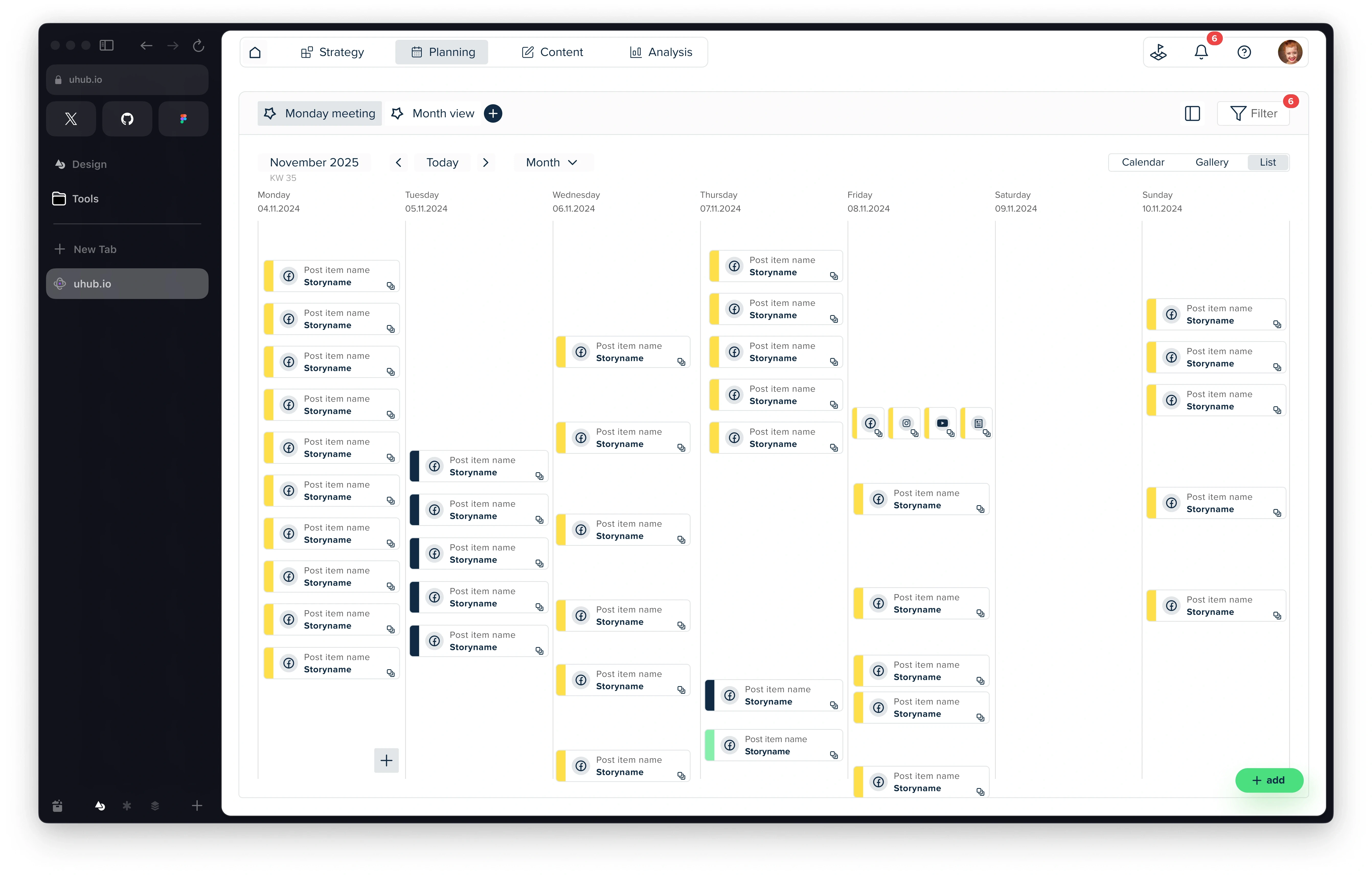 Social-Media-Planungskalender auf einem Dashboard, zeigt Monatsübersicht mit geplanten Beiträgen, Storys und Post-Timings für verschiedene Tage der Woche.