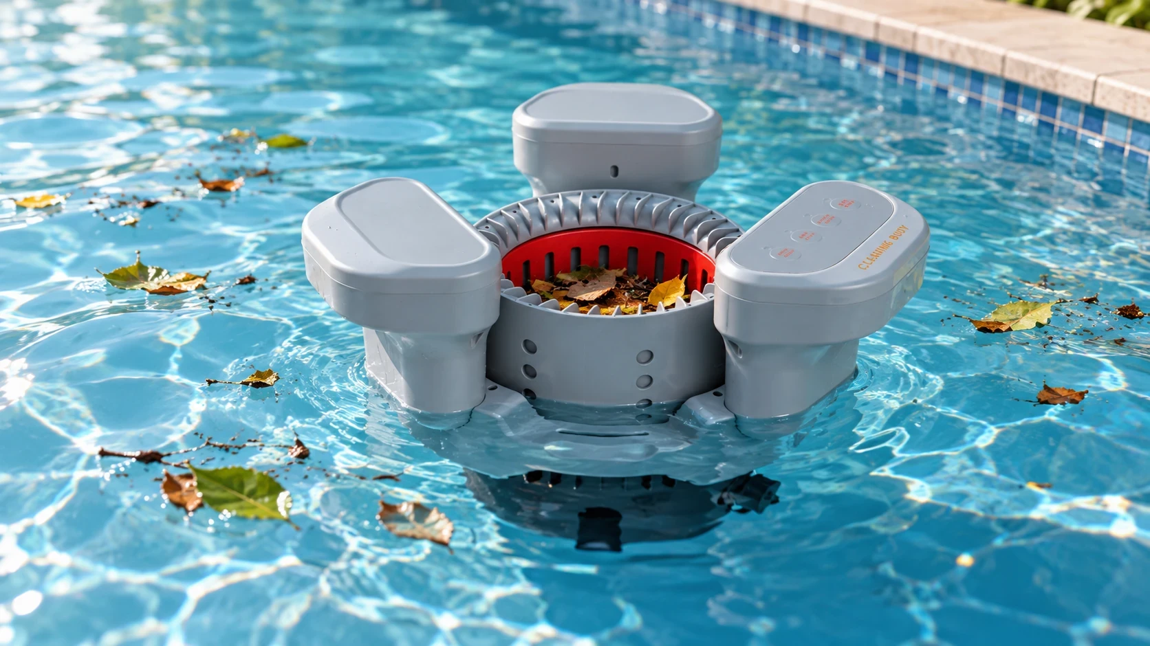 Floating pool surface skimmer collecting leaves and debris from swimming pool water