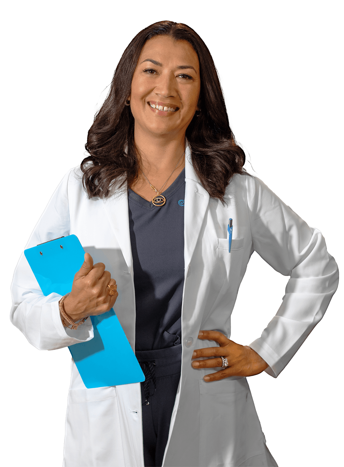 A smiling woman in a white lab coat holds a clipboard, looking confident and approachable.