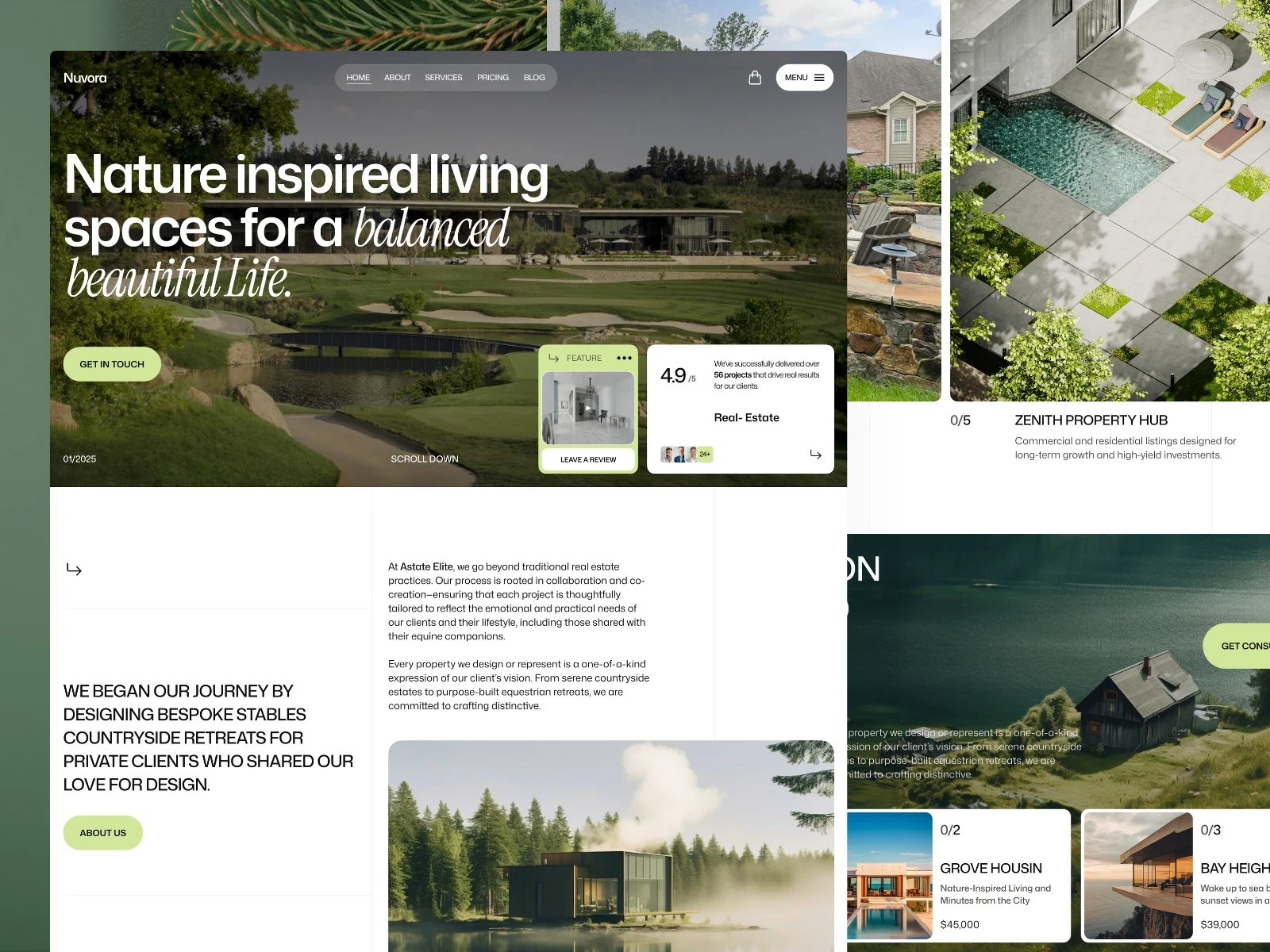 Nuvora real estate Framer template featuring luxury properties, nature-inspired homes, property listings, and a modern editorial layout.