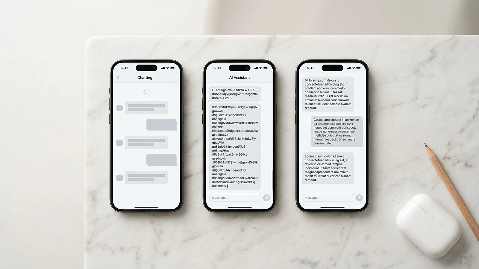 Three-panel comparison showing AI chatbot states: skeleton loading, streaming text with cursor, and completed formatted response