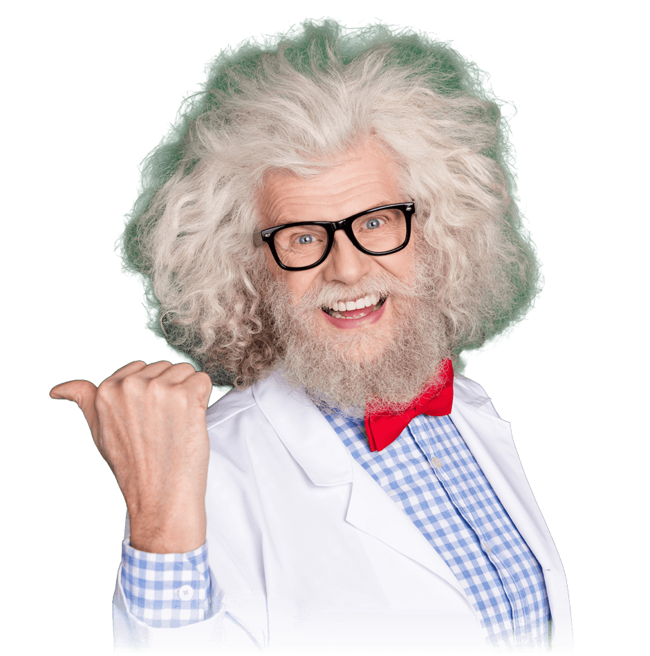 brilliant scientist, Einstein lookalike figure, smiling and pointing with thumb at poduct benefits