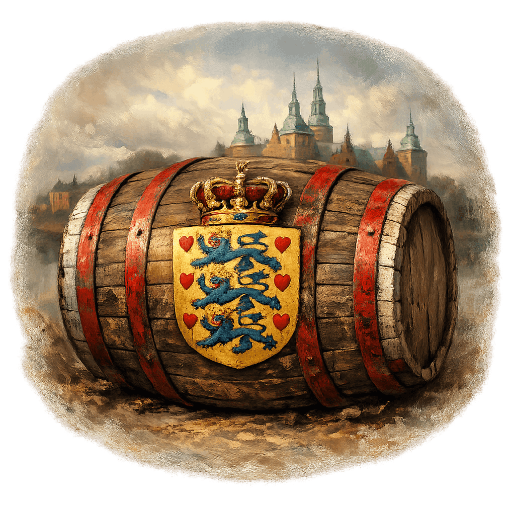 Wine barrel featuring the Denmark national emblem for regional wine education.