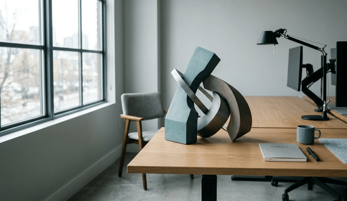 An abstract figure on a professional table with light coming in from the left window 