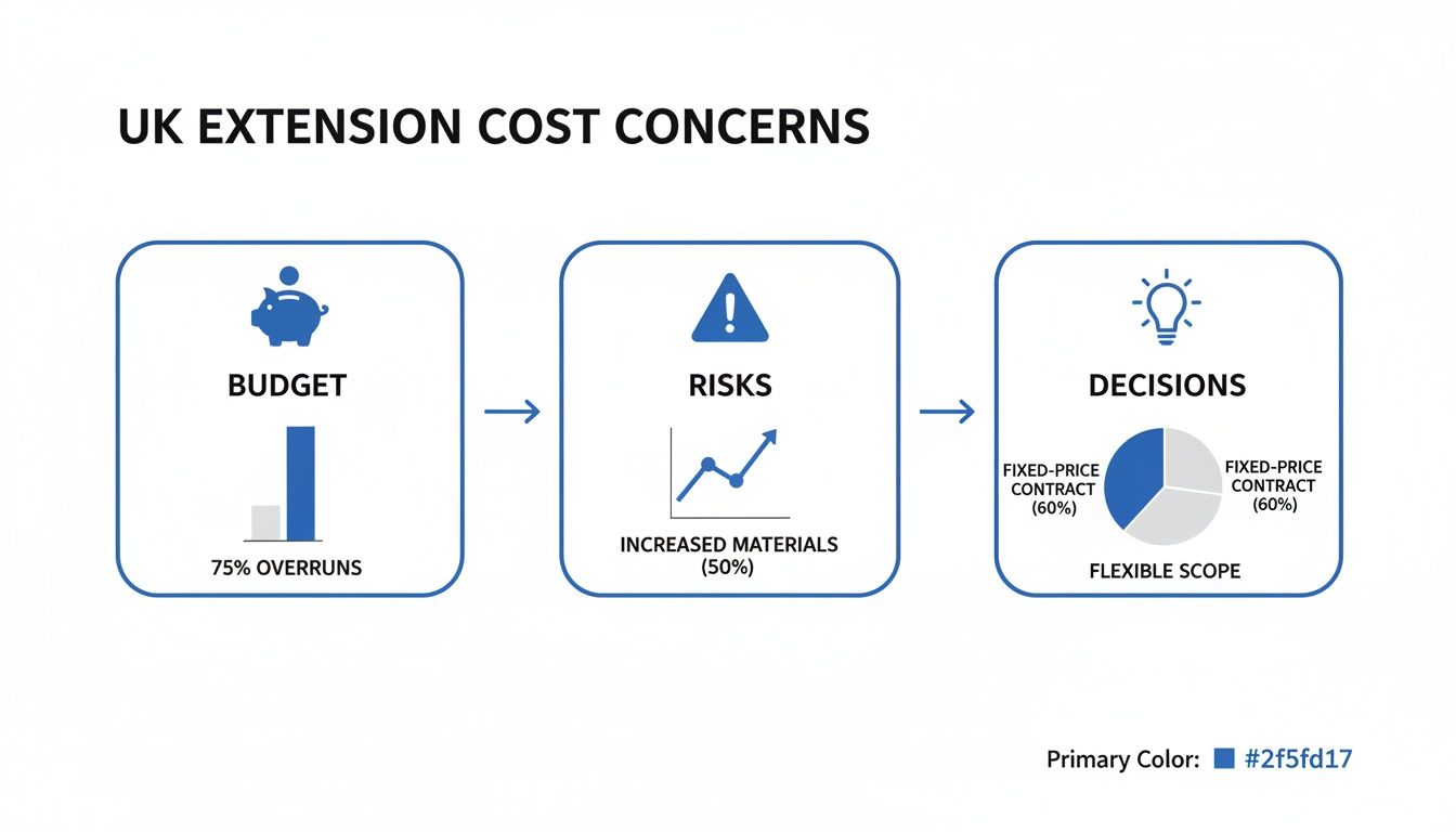 Flowchart illustrating UK extension cost concerns, showing budget overruns, material risks, and contract decisions.