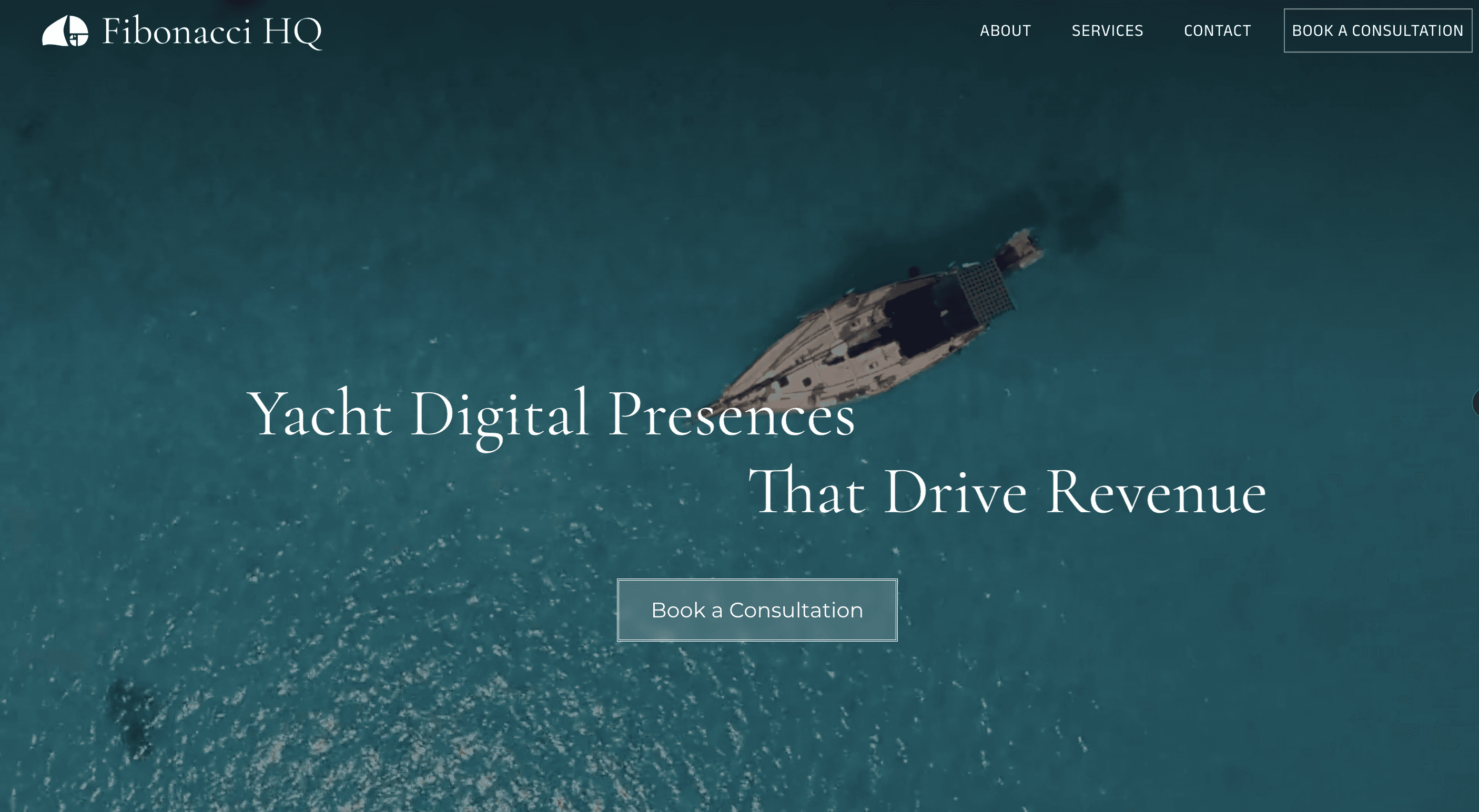 landing page for fibonacci hq boat on water 