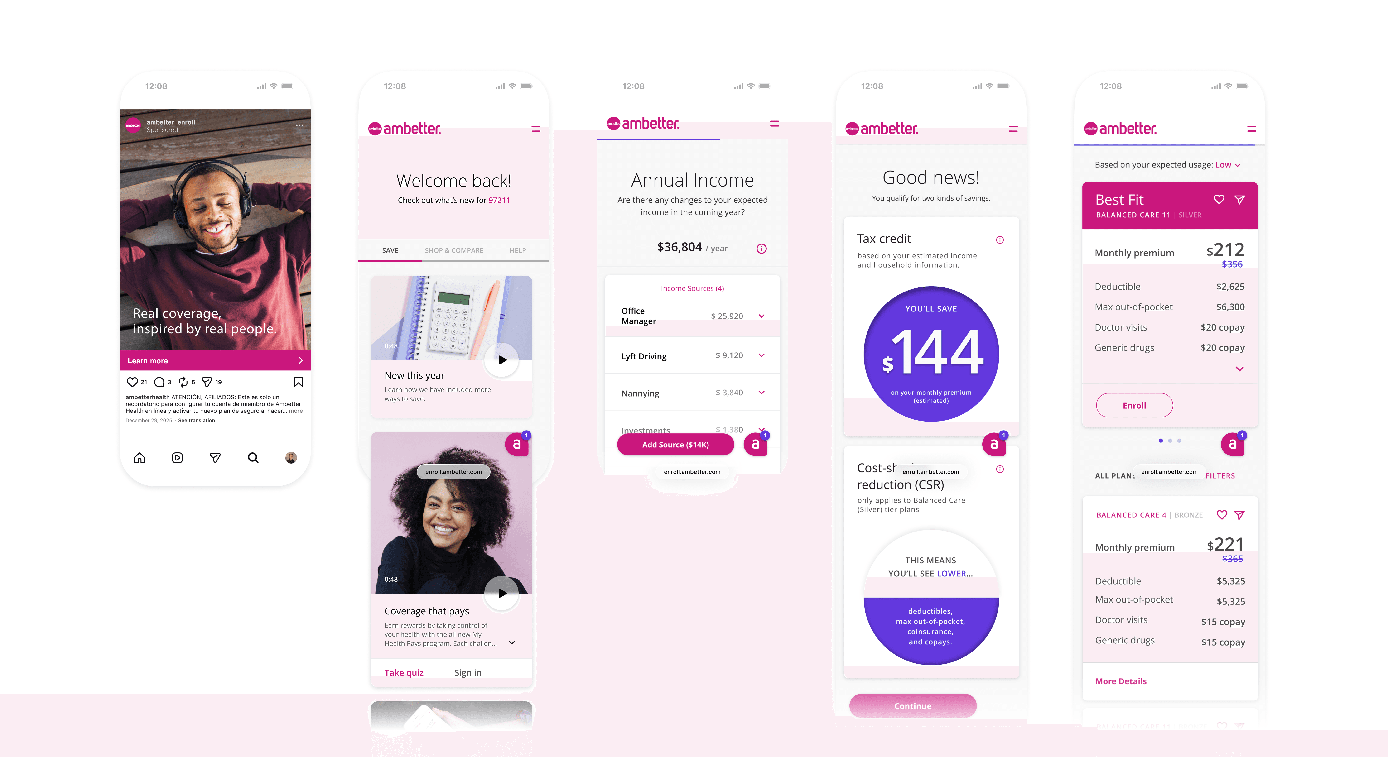 Key screens and states for returning member enrollment process from discovery to plan selection