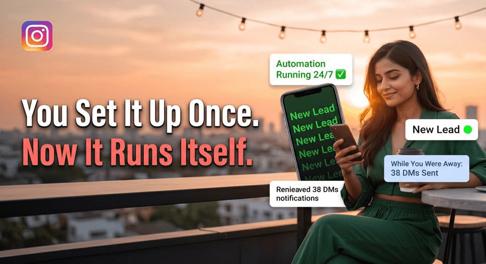 Creator relaxing while free Instagram DM automation runs automatically capturing leads on PilotDM 