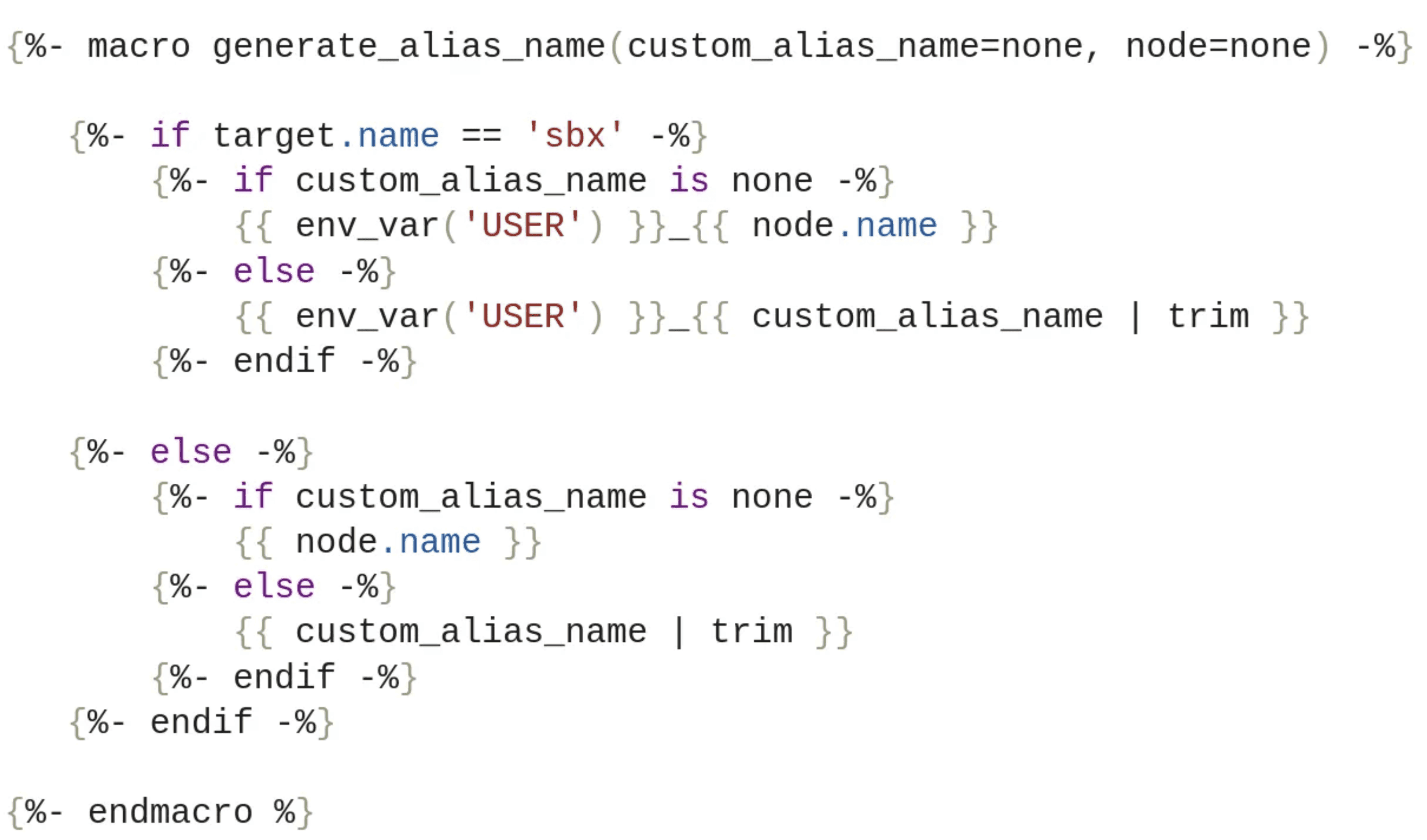 A Jinja template for a dbt macro named generate_alias_name, which is used to dynamically create alias names for database objects based on the user environment or custom alias, contributing to organized and personalized data management in dbt workflows